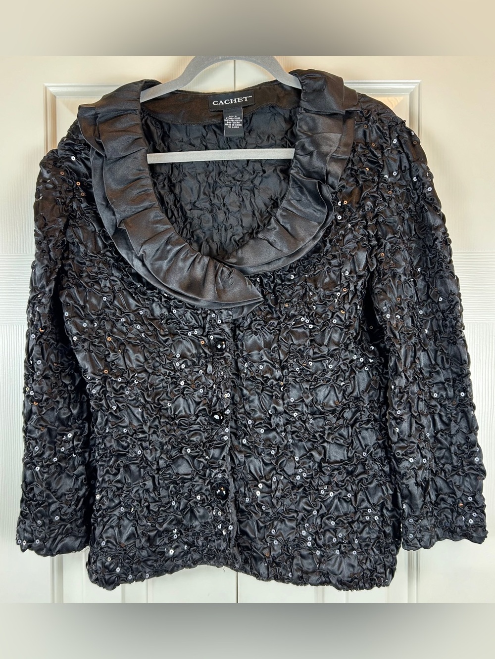 Vintage Cachet Black Formal Sequin Ruched Blouse Blazer